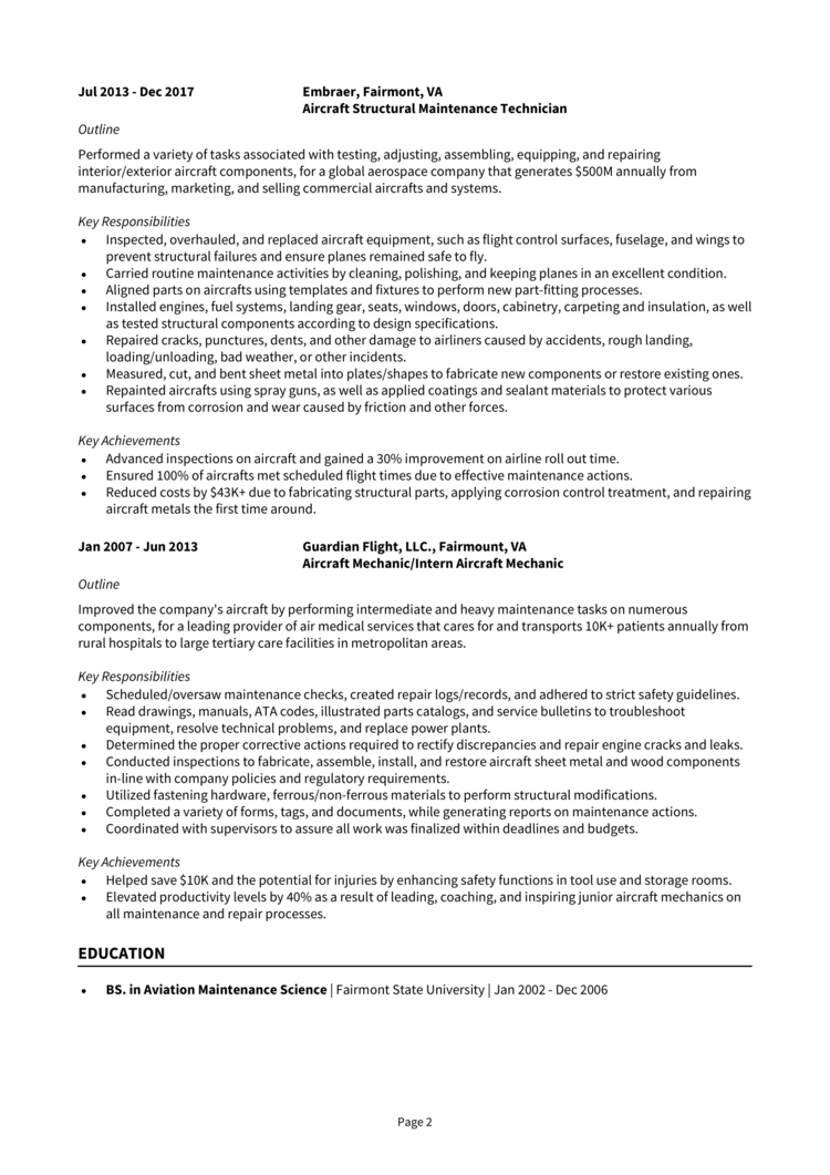 Aircraft Structural Maintenance Technician Resume 2