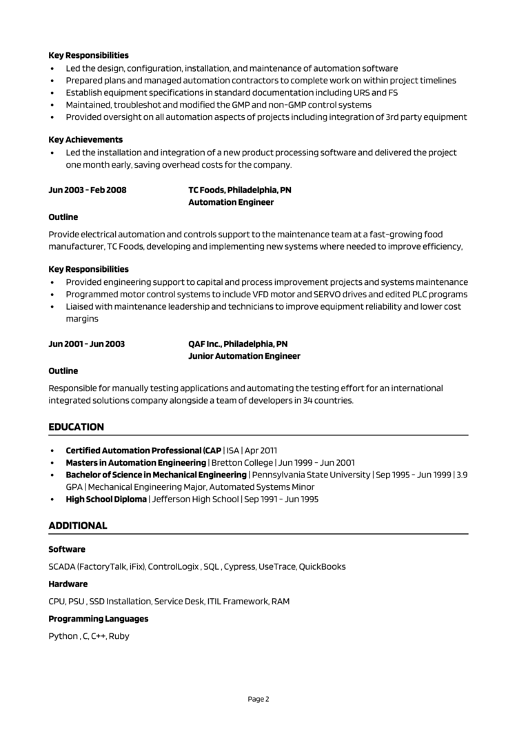 Automation Engineer Resume 2