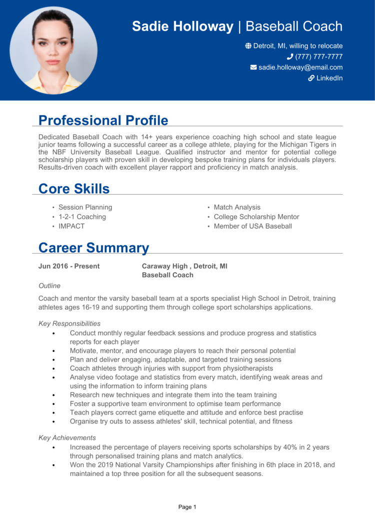 Professional Baseball Player Resume Sample