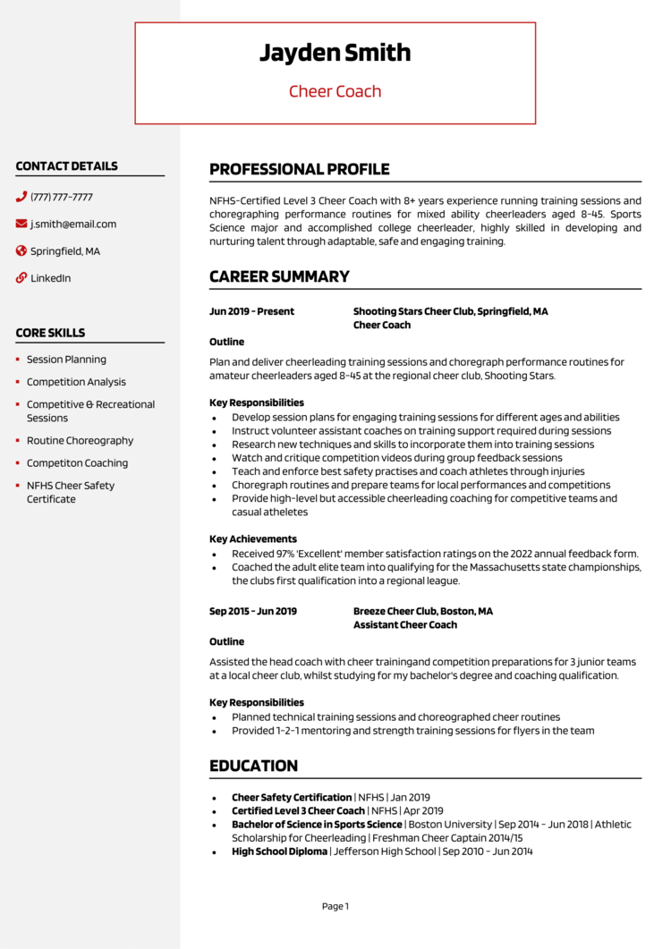 Cheer Coach resume example + guide and template [Land jobs]