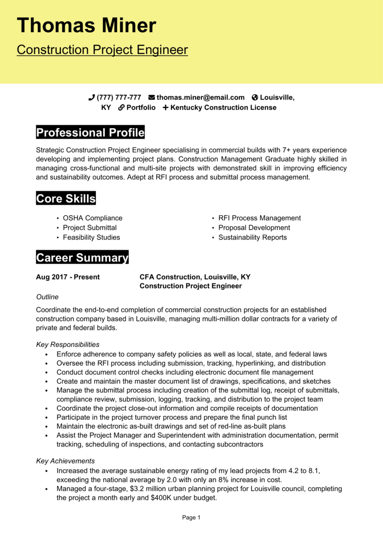 Construction Project Engineer Resume 1