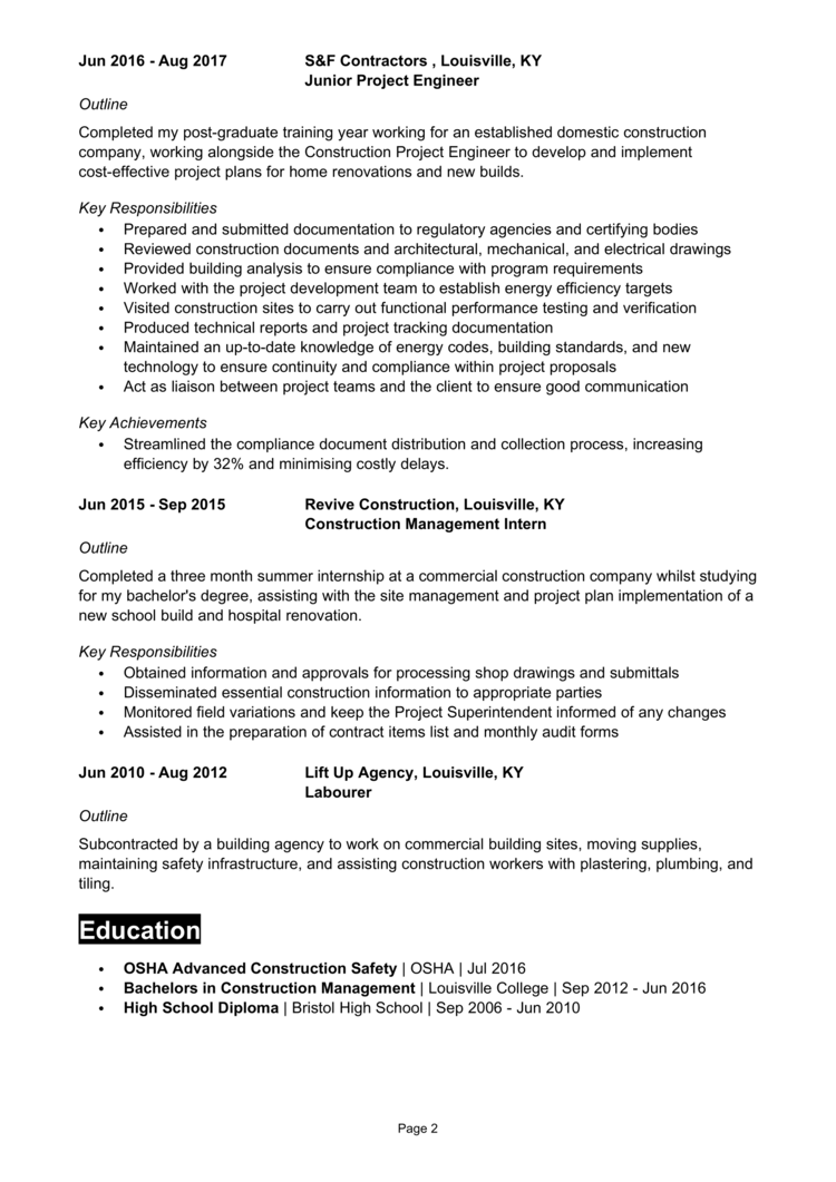 Construction Project Engineer Resume 2