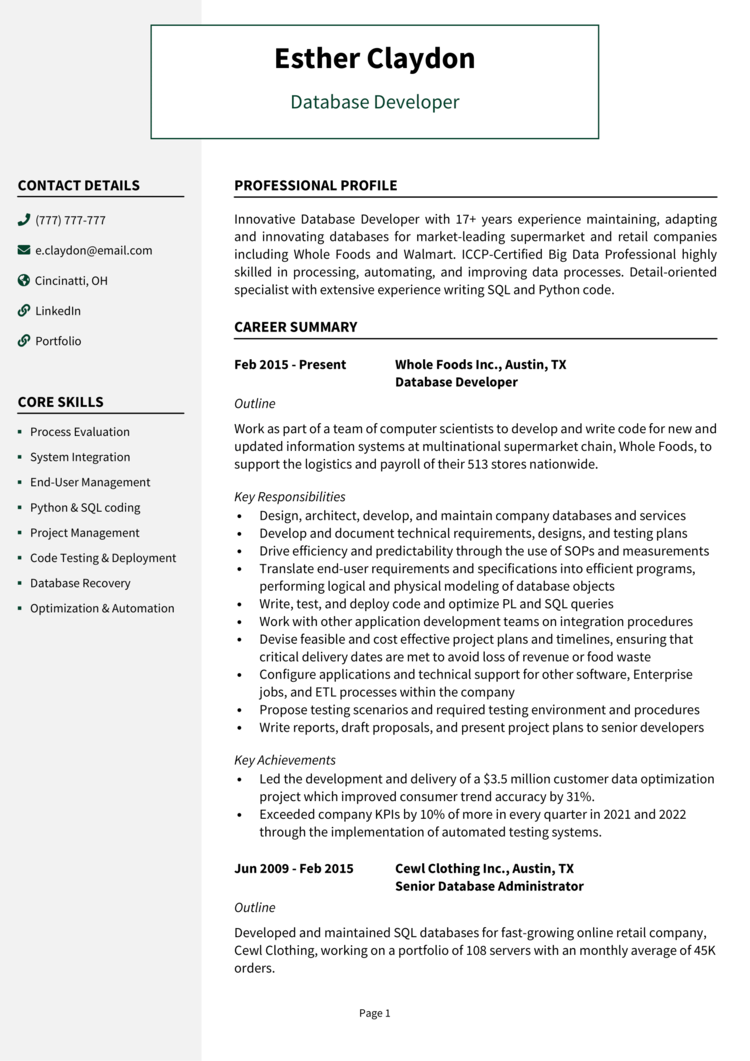 Database Developer Resume 1