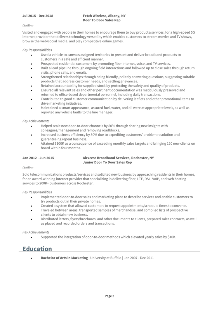 Door to Door Sales Rep Resume 2