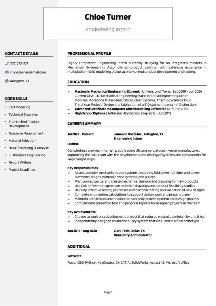 Engineering Intern Resume 1