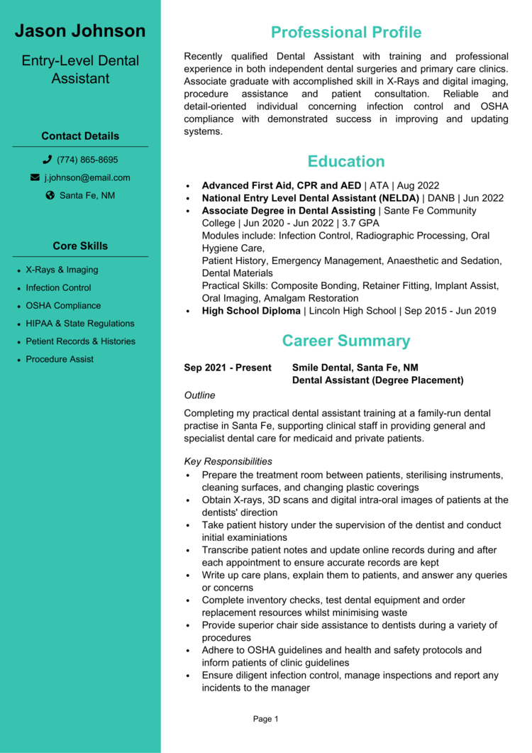 Entry Level Dental Assistant Resume 1