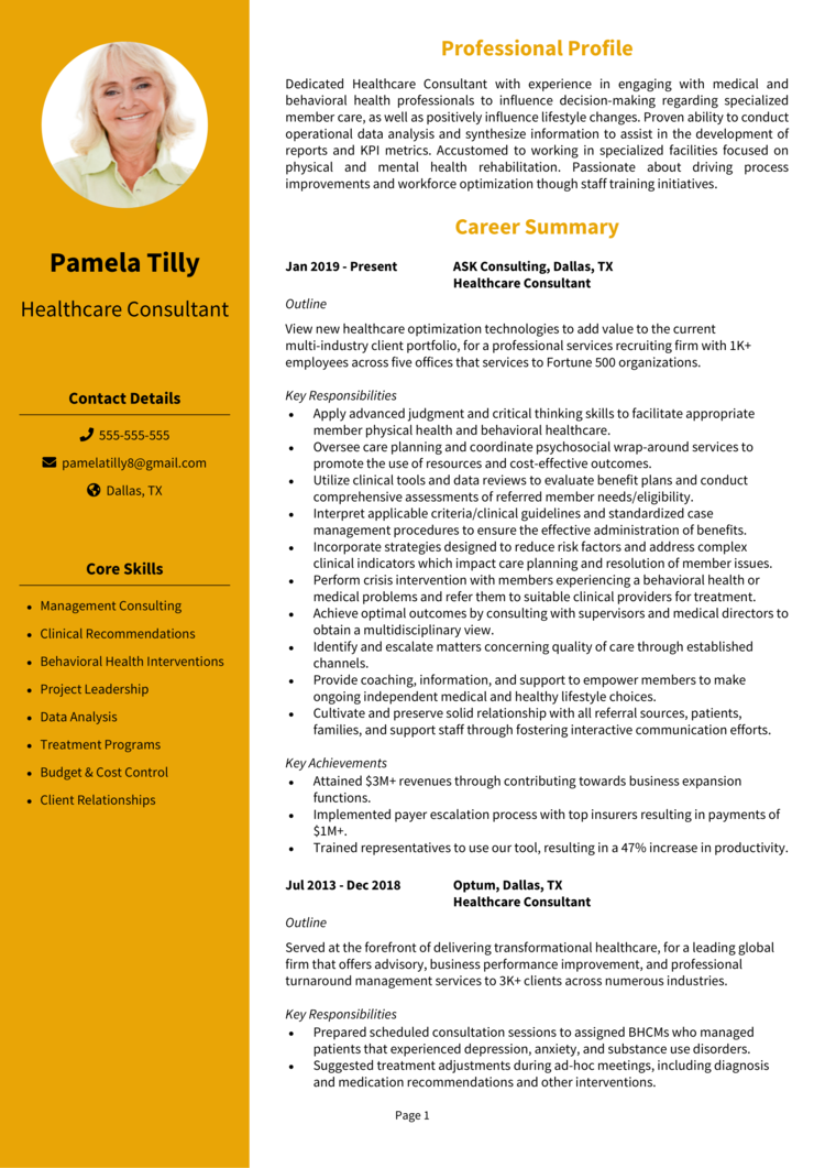 Healthcare Consultant Resume 1