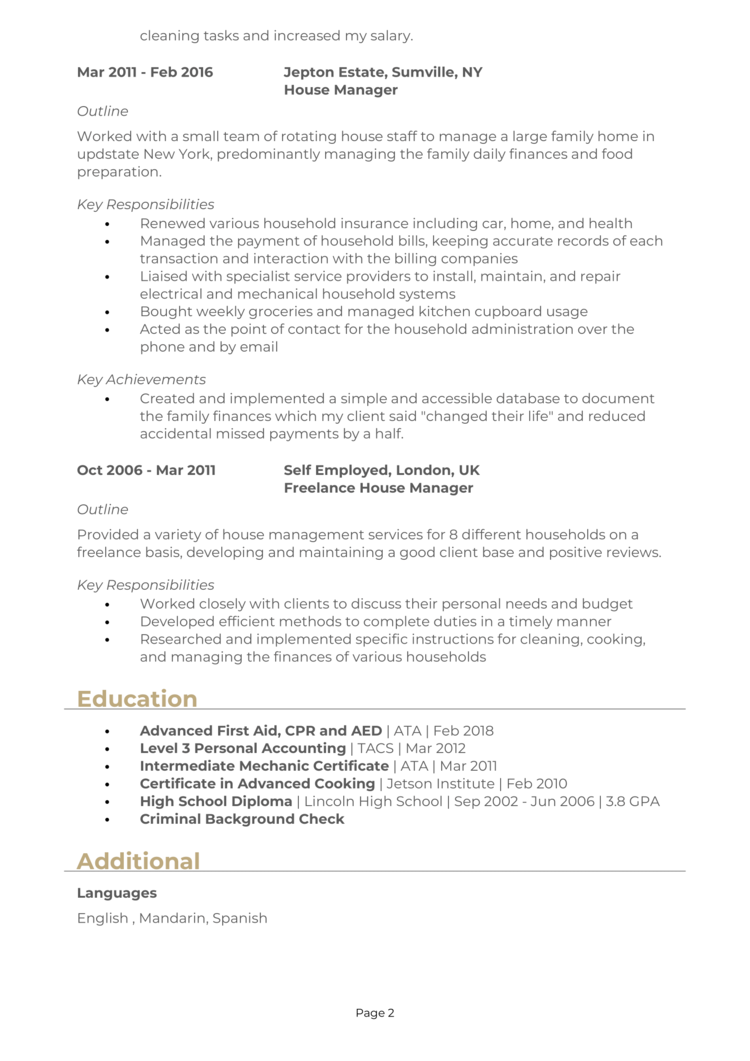 House Manager Resume 2