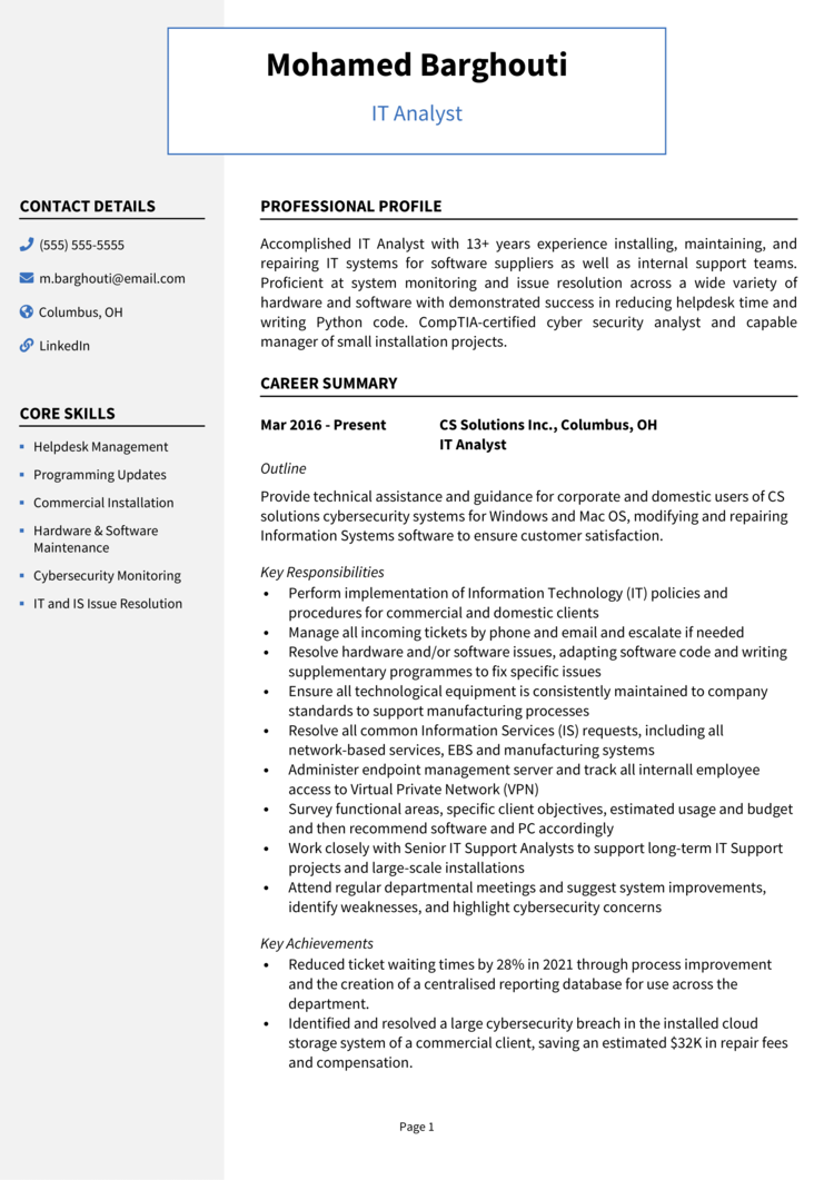 IT Analyst Resume 1