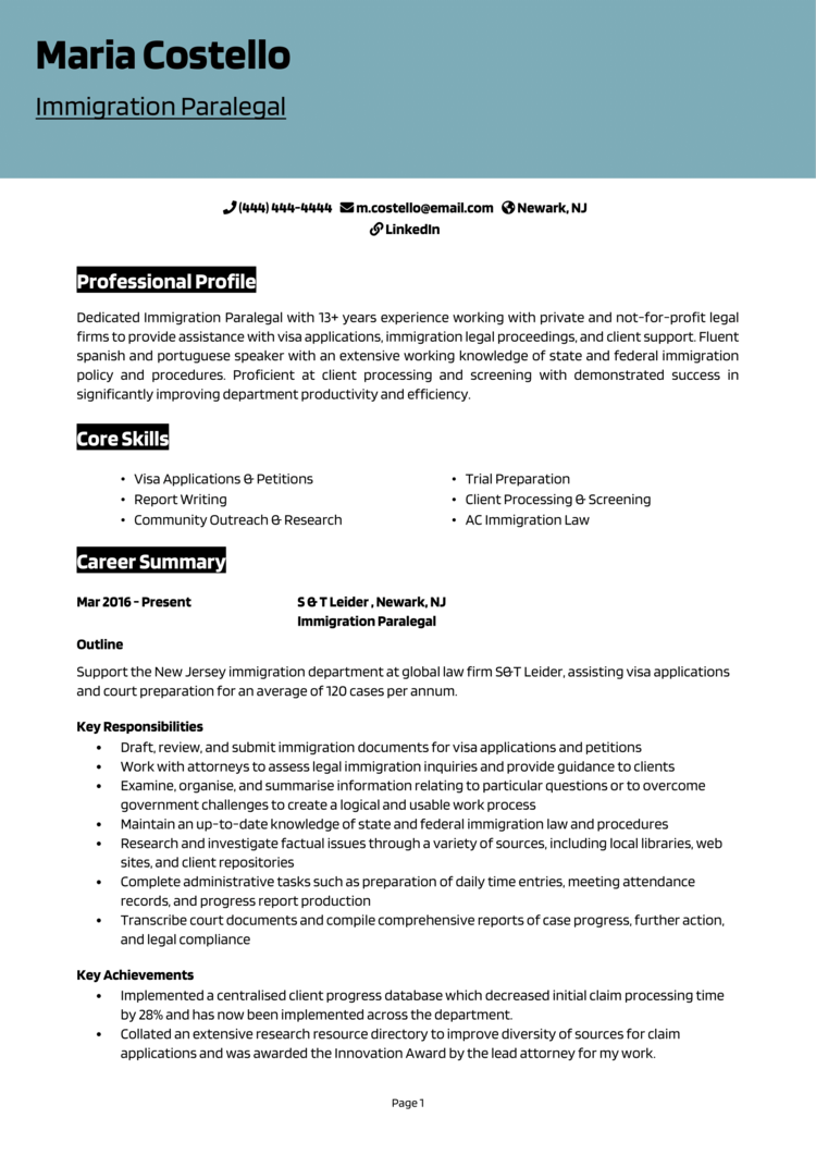 Immigration Paralegal Resume 1