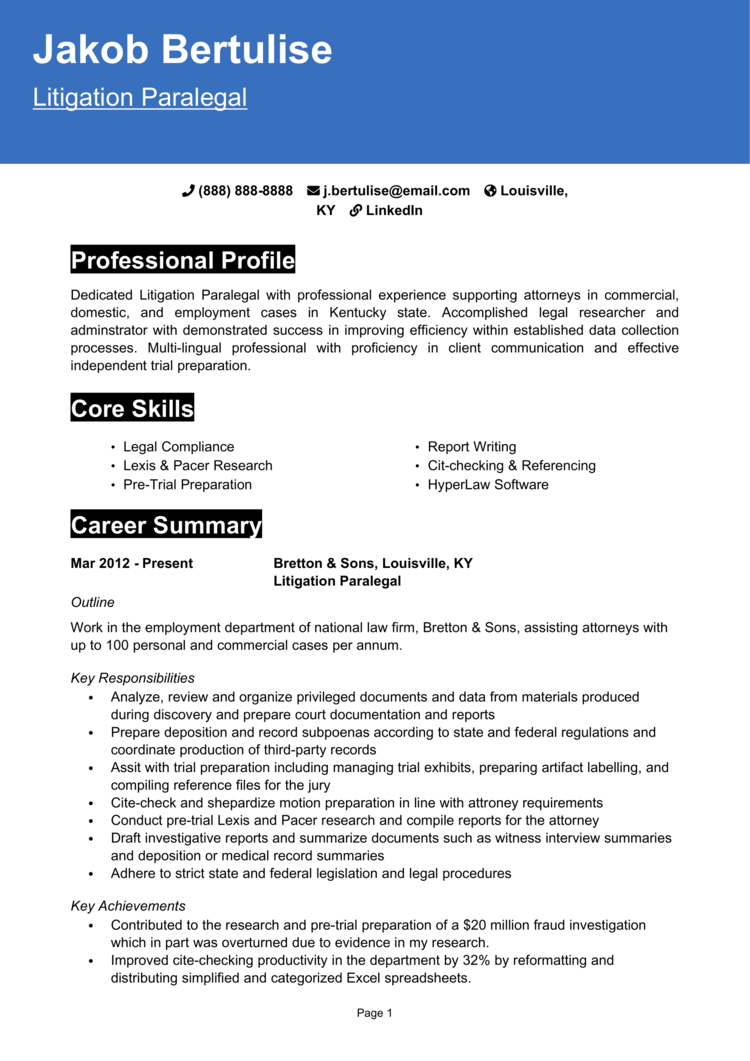 Litigation Paralegal Resume 1