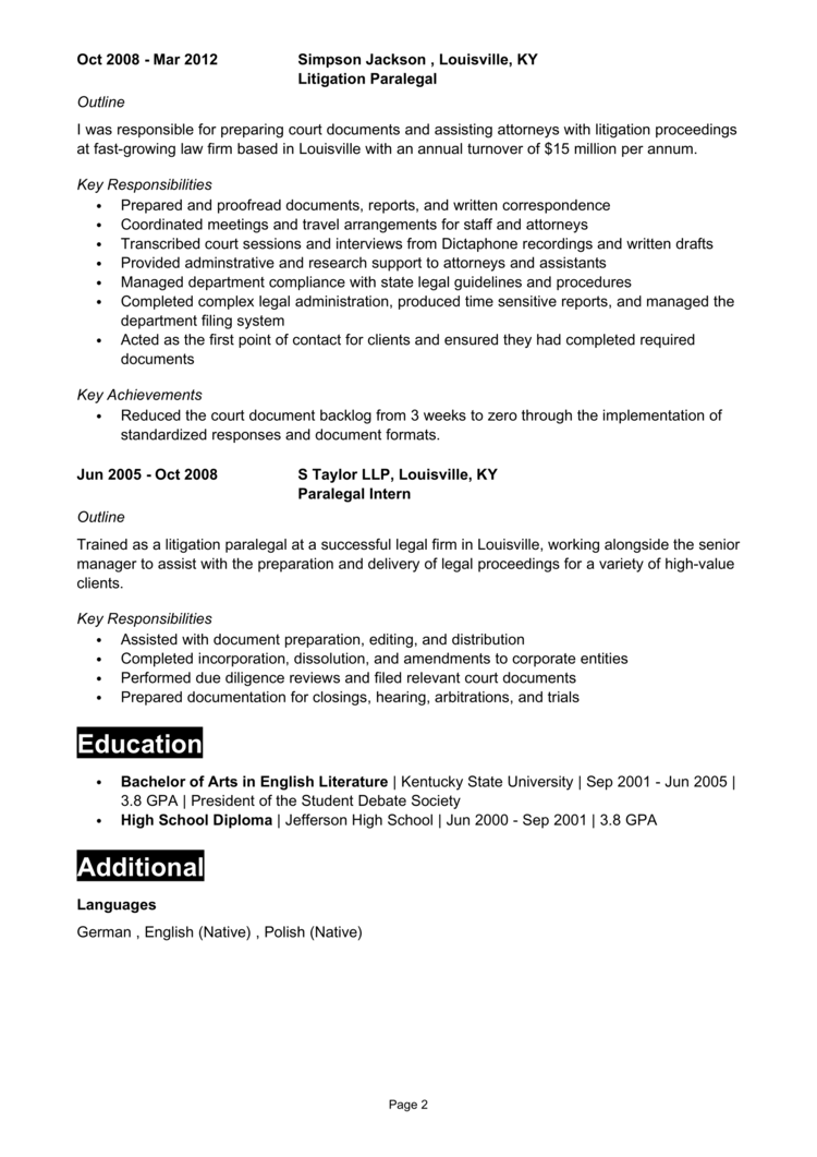 Litigation Paralegal Resume 2