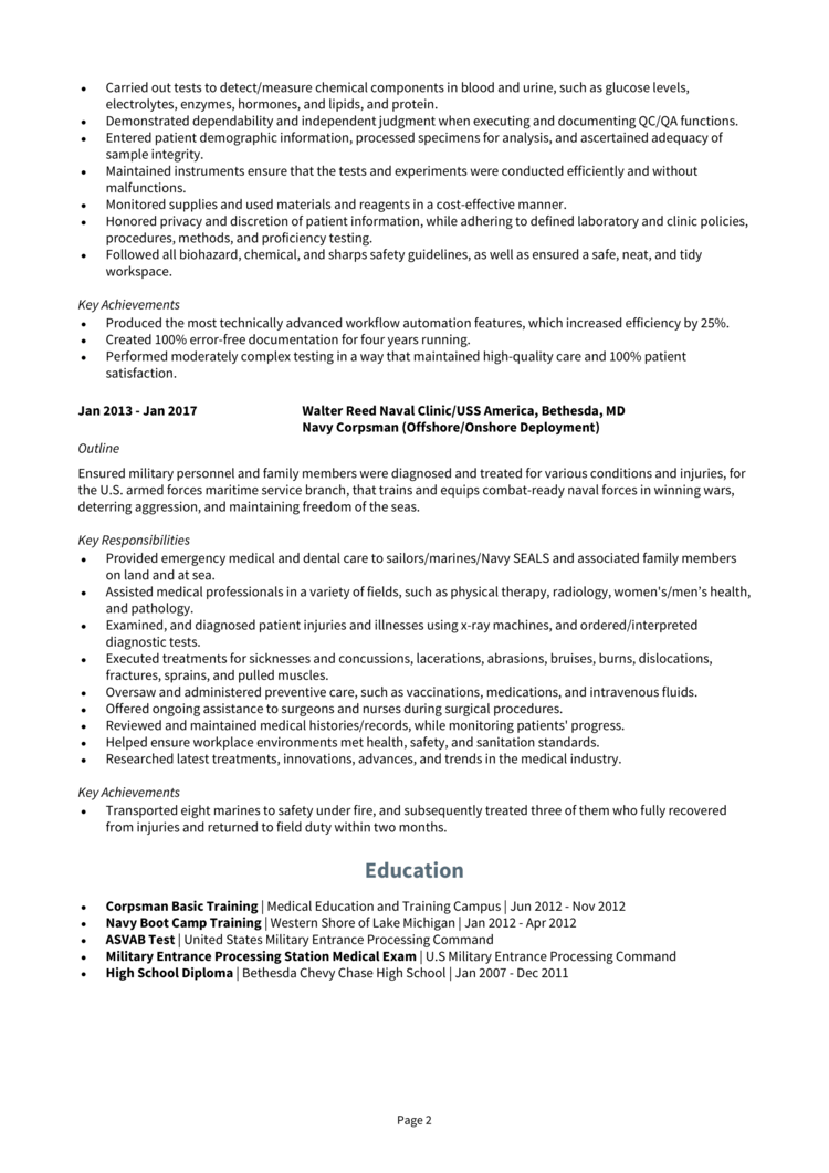 Navy Corpsman Lab Tech Resume 2