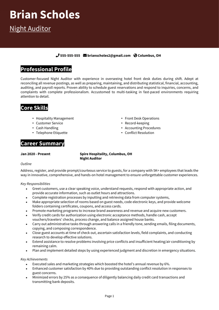 Night Auditor Resume 1