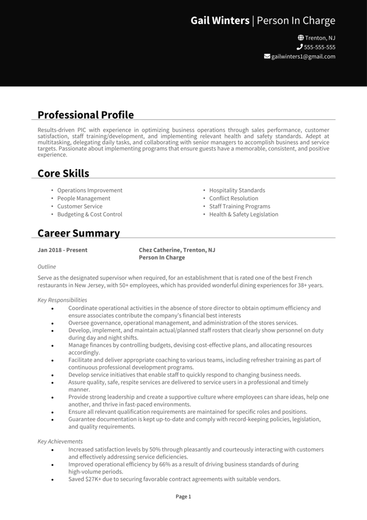 Person In Charge Resume 1