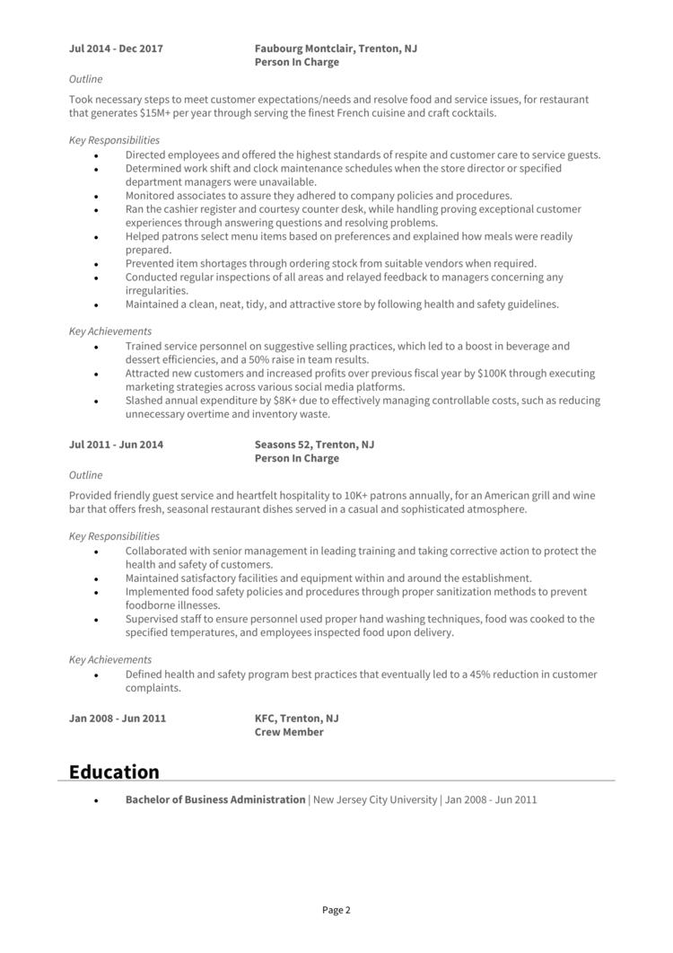 Person In Charge Resume 2