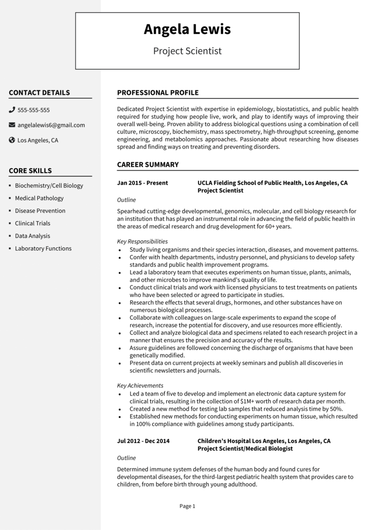 Project Scientist Resume 1