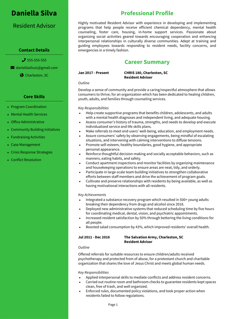 Resident Advisor Resume 1