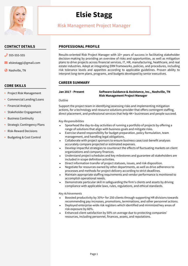 Risk Management Project Manager Resume 1