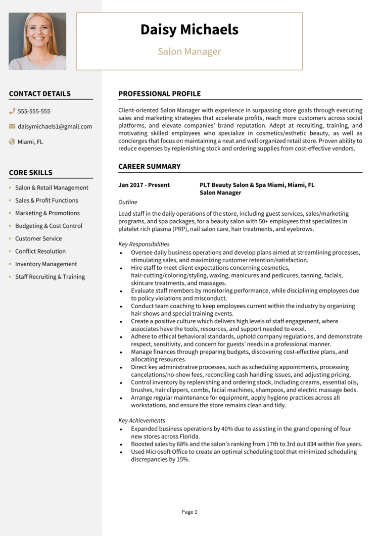 Salon Manager Resume 1