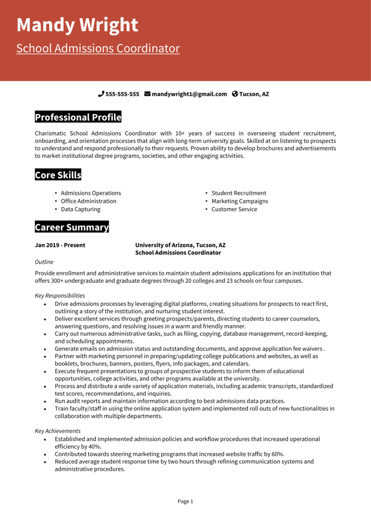 School Admissions Coordinator Resume 1