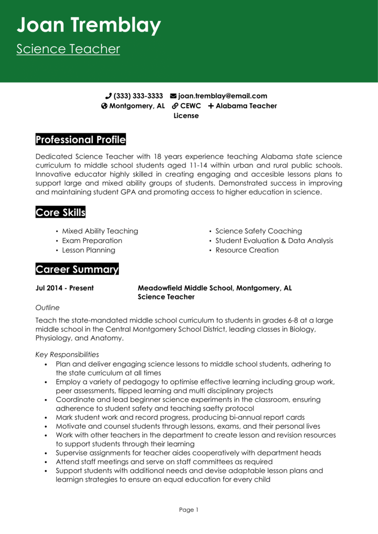 Science Teacher Resume 1