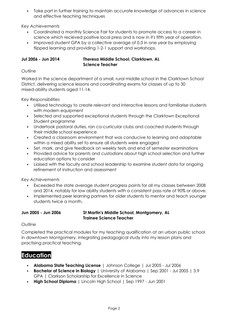 Science Teacher Resume 2