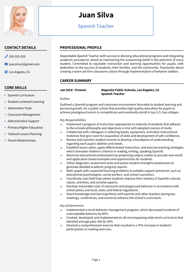 Spanish Teacher resume example + guide [Secure interviews]