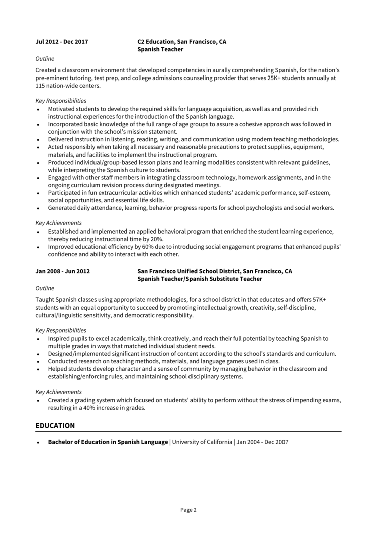 Spanish Teacher Resume 2