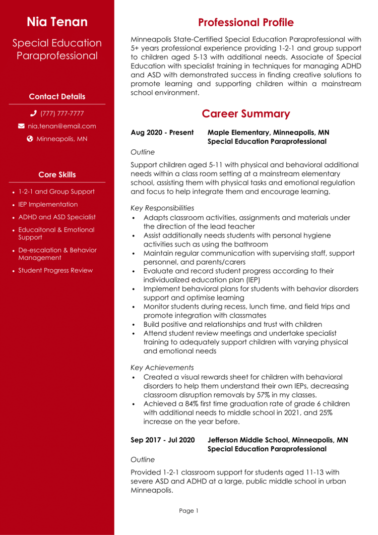 Special Education Paraprofessional Resume 1