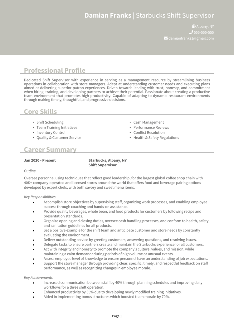 Starbucks Shift Supervisor Resume 1