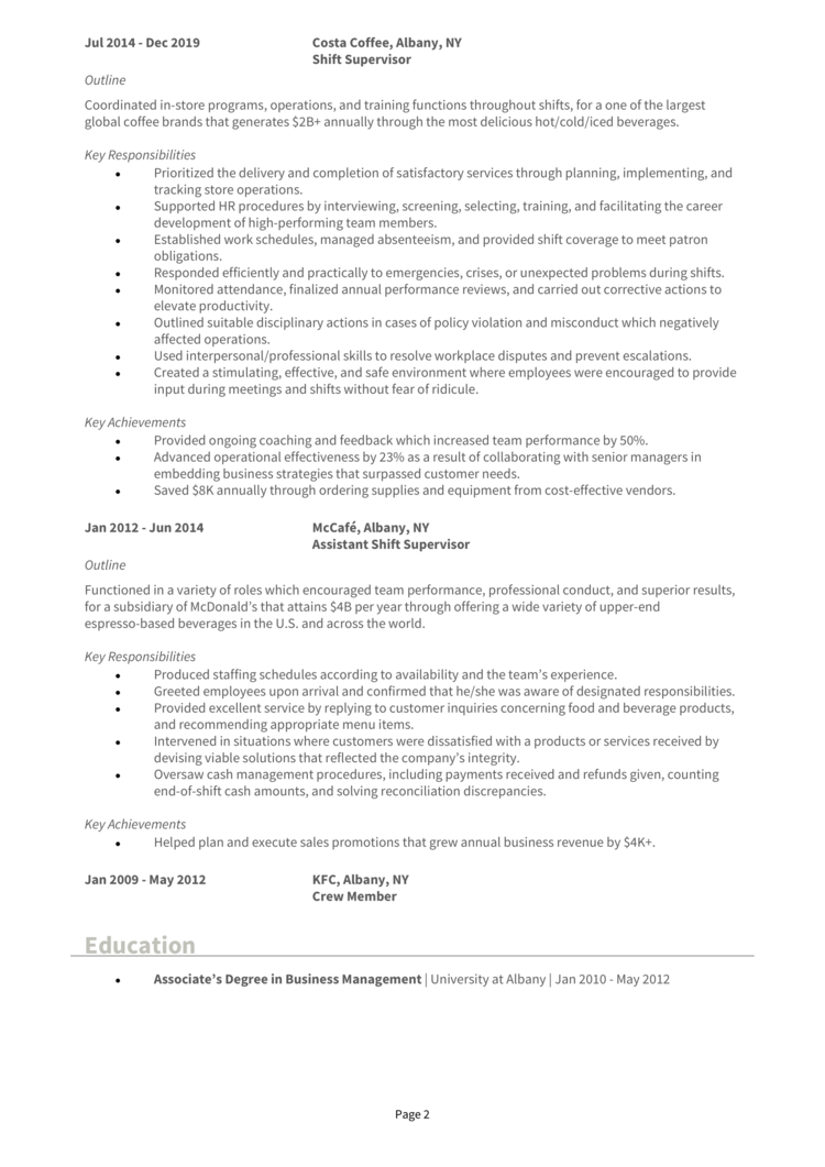 Starbucks Shift Supervisor Resume 2