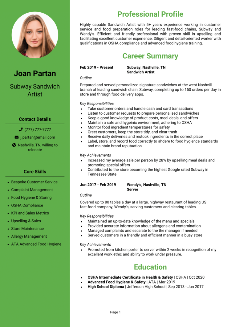 Subway Resume 1