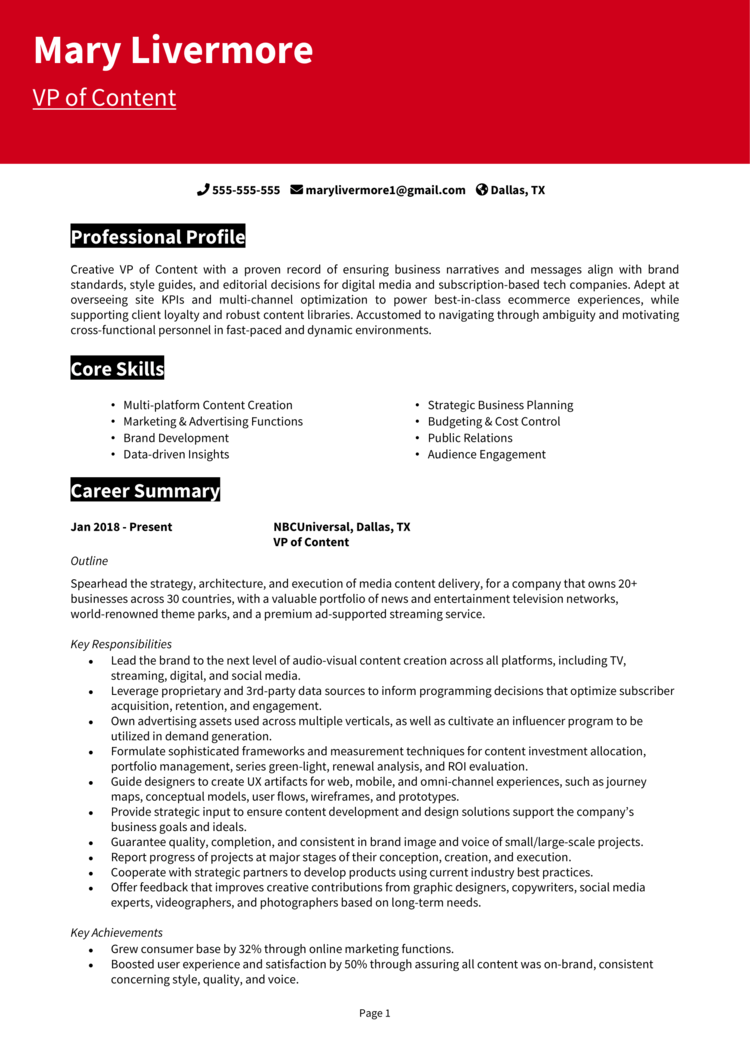 VP of Content Resume 1