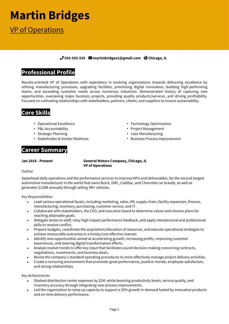 VP of Operations Resume 1