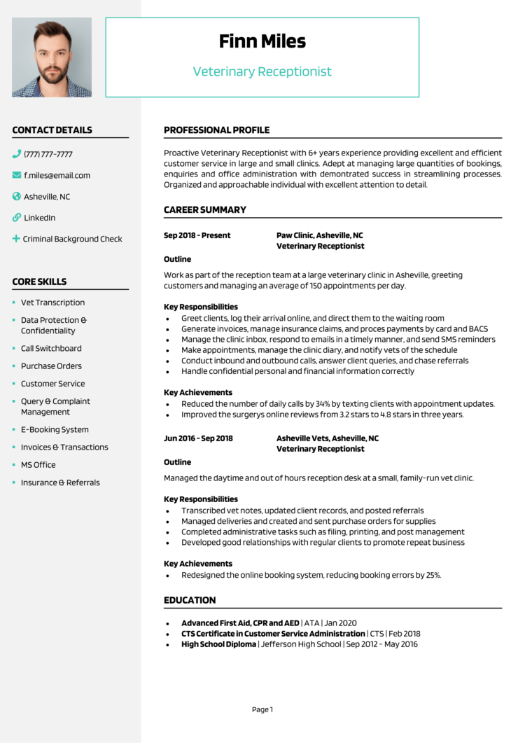 Veterinary Receptionist Resume 1