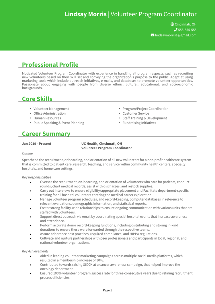 Volunteer Program Coordinator Resume 1