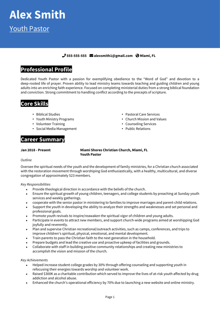 Youth Pastor Resume 1