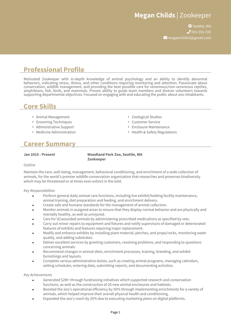 Zookeeper Resume 1