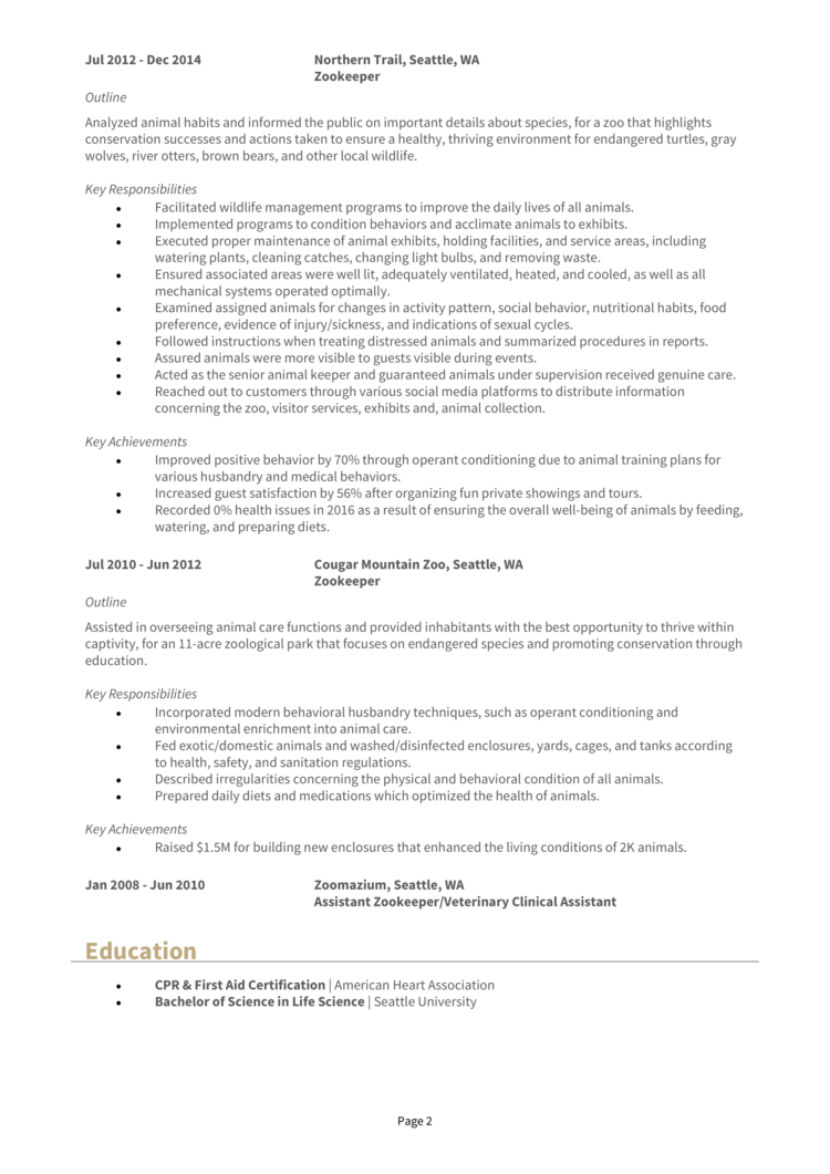 Zookeeper Resume 2