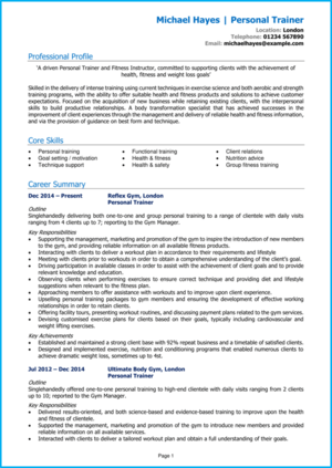 Personal trainer CV example