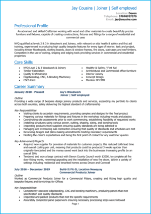 Self employed CV example