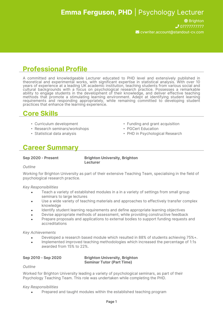 Academic CV example 1-1