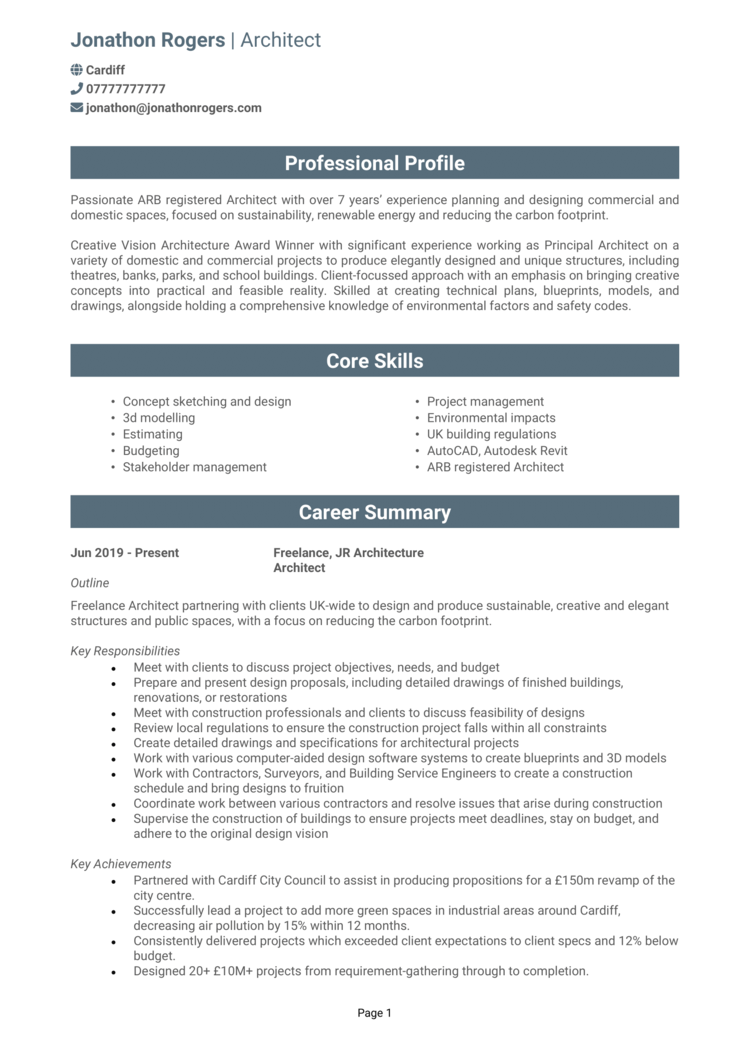 4 Architect CV Examples 2024 Attract Top Employers   Architect CV 1 