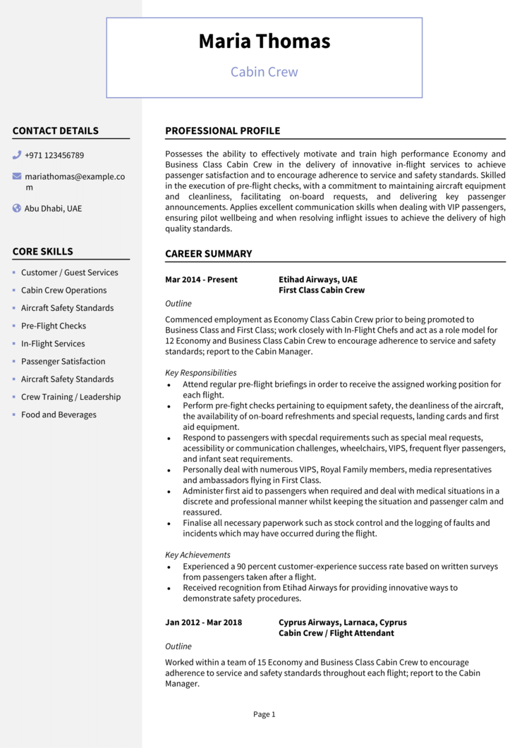 resume career objective cabin crew