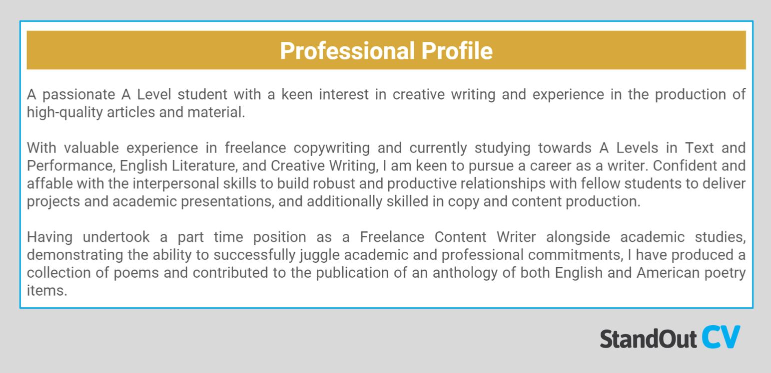 College student with freelance experience CV personal statement