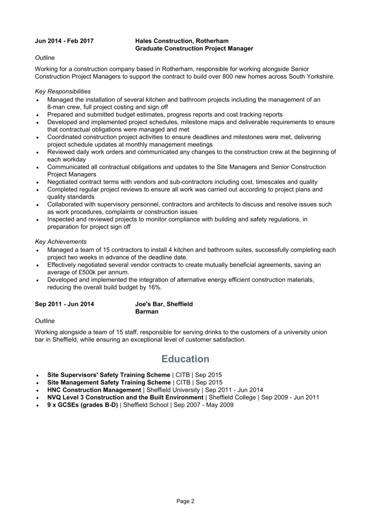 Construction Project Manager CV 2 - page 2