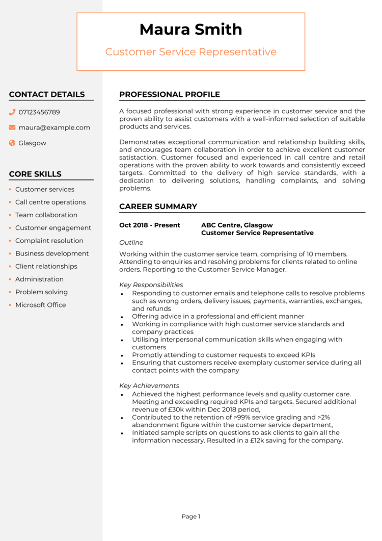 Personal Statement Customer Service Manager   Customer Service CV 1 