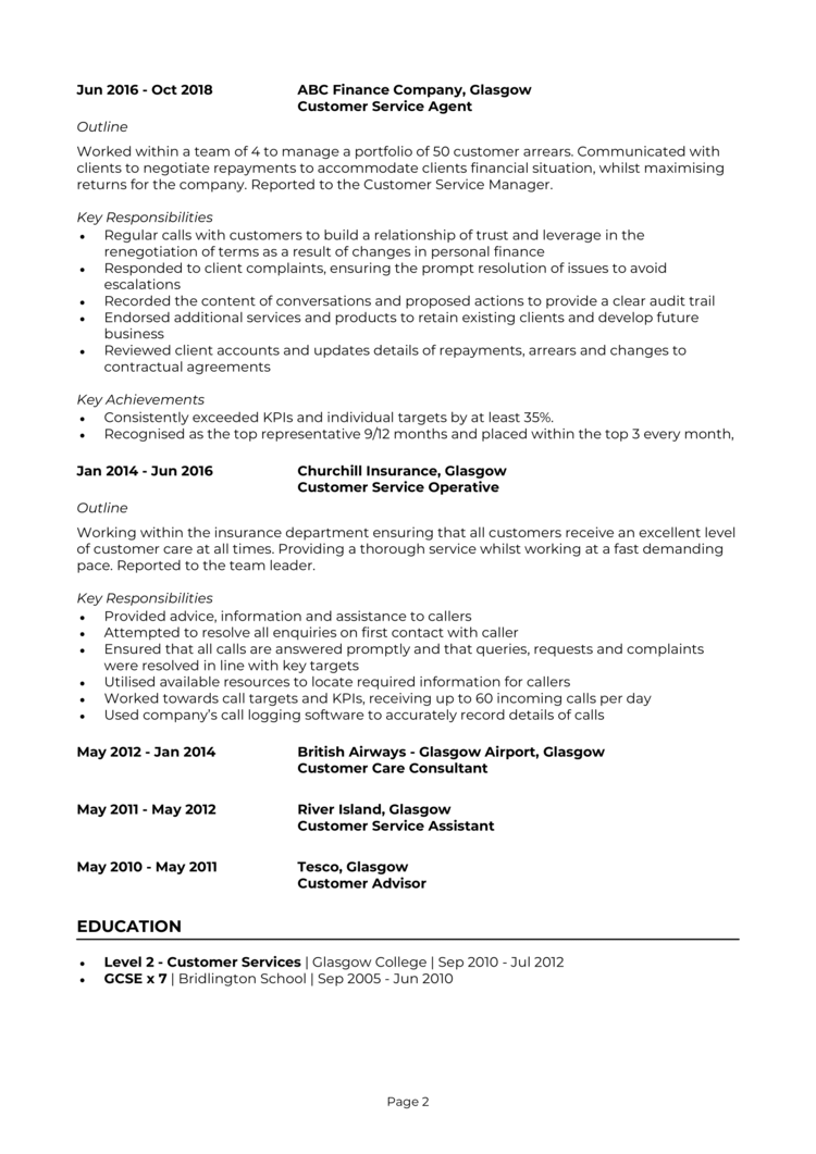 Customer service CV template design