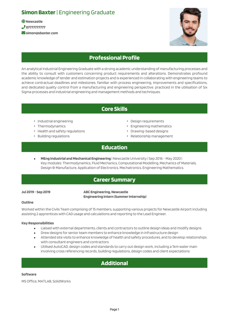 Resume Example For Fresh Graduate Engineering   Engineering Graduate CV 1 